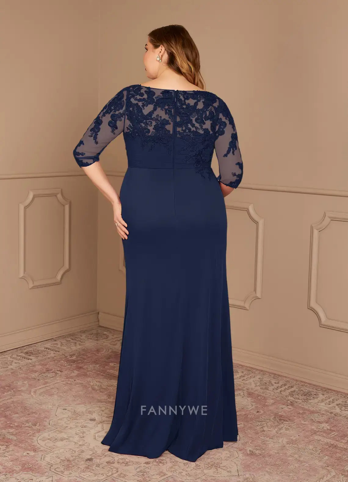 Elegant Plus size Lace Embellished Boat Neck Three - Quarter Sleeve Mermaid Maxi Dress Mother of the Bride Dress