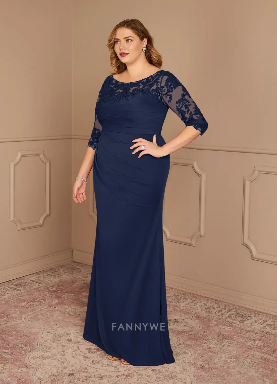 Elegant Plus size Lace Embellished Boat Neck Three - Quarter Sleeve Mermaid Maxi Dress Mother of the Bride Dress