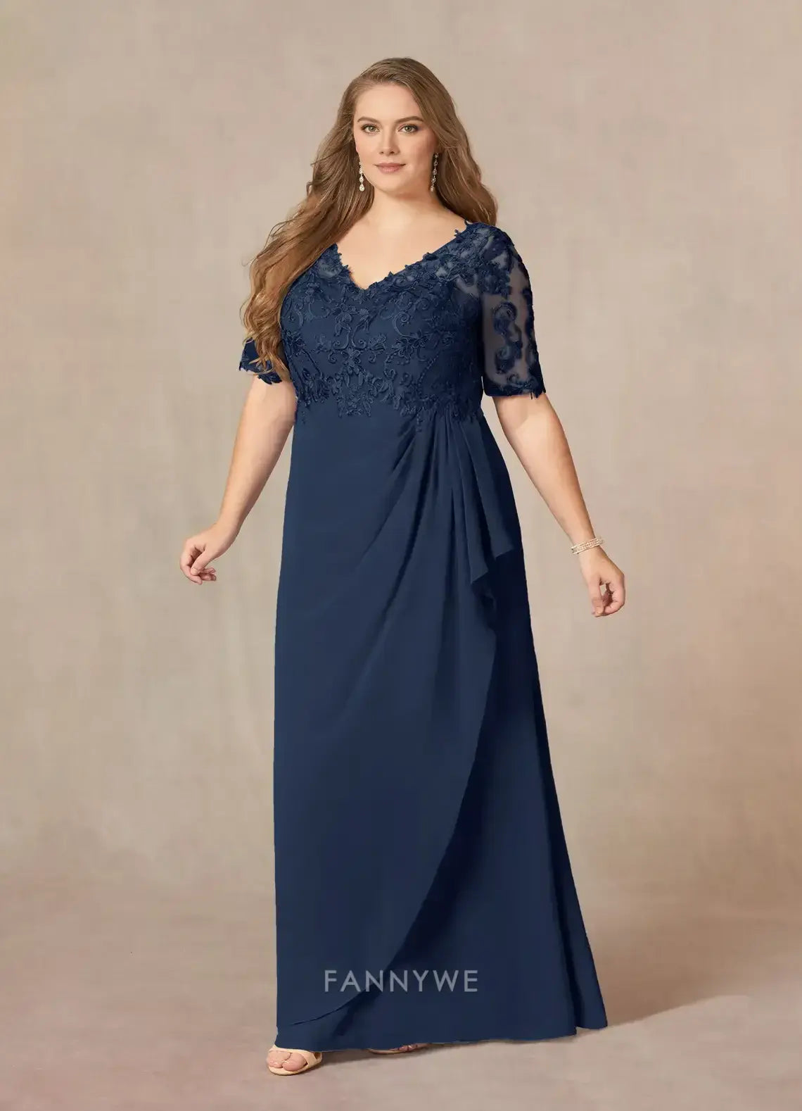 Elegant Plus size Lace Embellished V-Neck Three-Quarter Sleeve Chiffon Maxi Dress with Draped Detail Mother of the Bride Dress