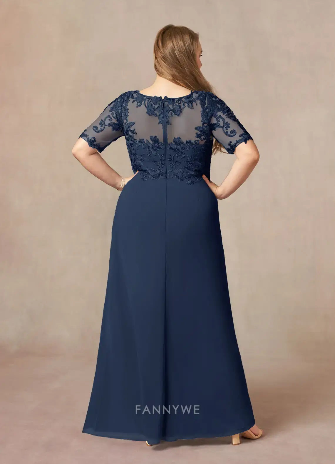 Elegant Plus size Lace Embellished V-Neck Three-Quarter Sleeve Chiffon Maxi Dress with Draped Detail Mother of the Bride Dress