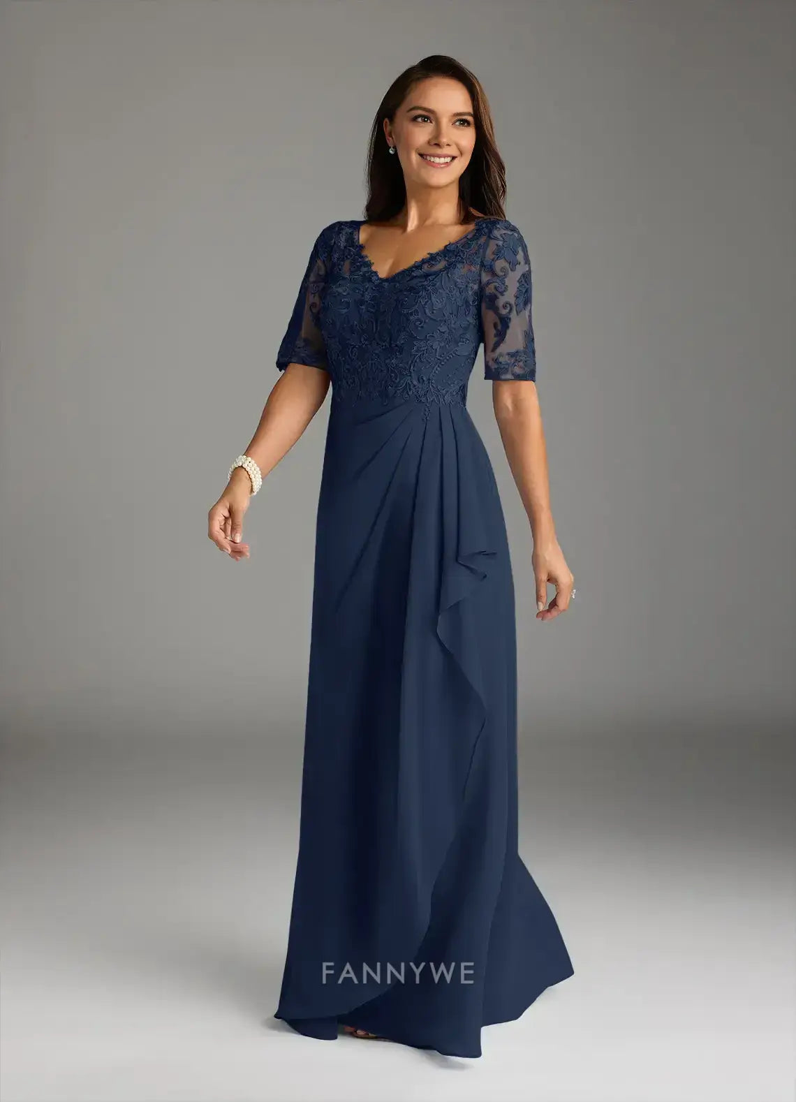 Elegant Plus size Lace Embellished V-Neck Three-Quarter Sleeve Chiffon Maxi Dress with Draped Detail Mother of the Bride Dress