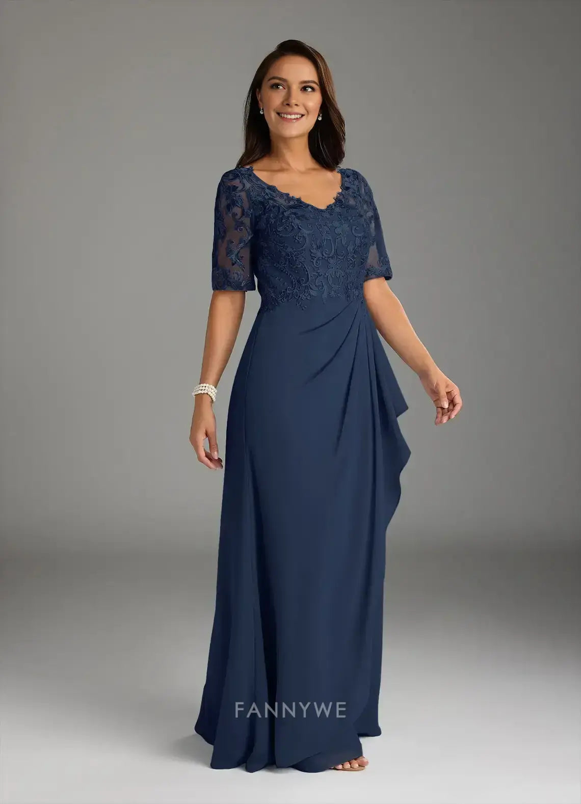Elegant Plus size Lace Embellished V-Neck Three-Quarter Sleeve Chiffon Maxi Dress with Draped Detail Mother of the Bride Dress