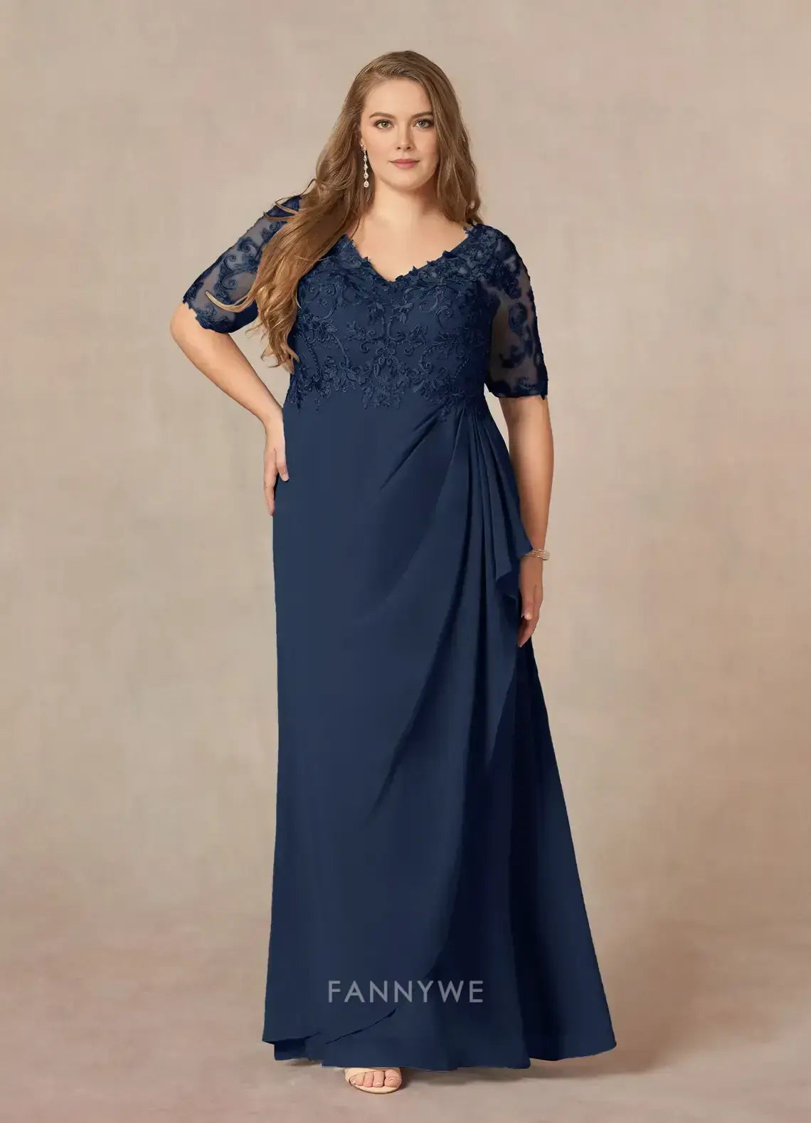 Elegant Plus size Lace Embellished V-Neck Three-Quarter Sleeve Chiffon Maxi Dress with Draped Detail Mother of the Bride Dress