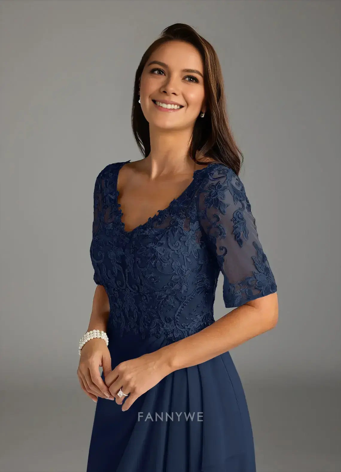 Elegant Plus size Lace Embellished V-Neck Three-Quarter Sleeve Chiffon Maxi Dress with Draped Detail Mother of the Bride Dress