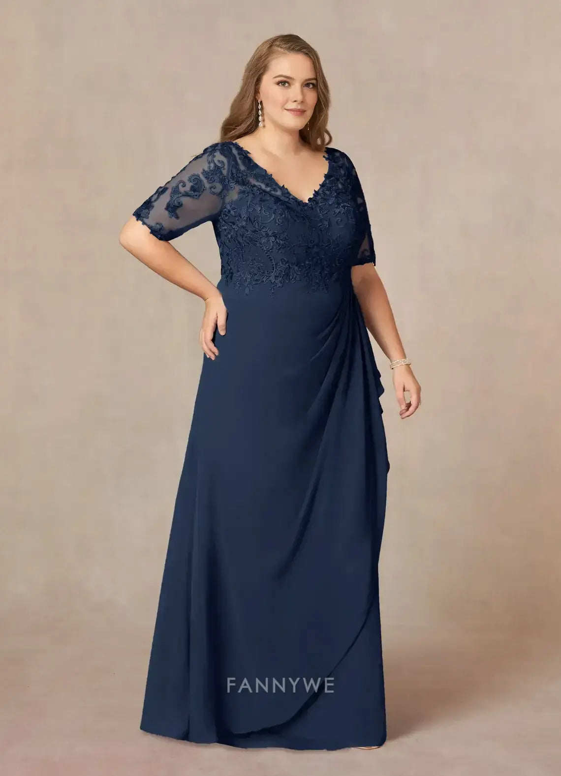 Elegant Plus size Lace Embellished V-Neck Three-Quarter Sleeve Chiffon Maxi Dress with Draped Detail Mother of the Bride Dress