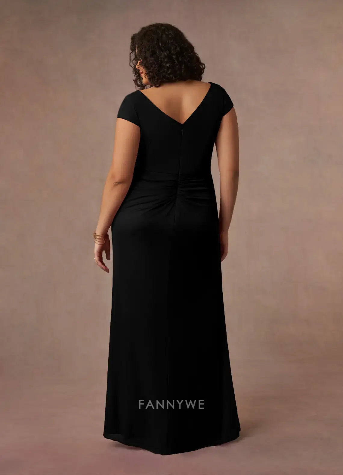 Elegant Plus size V-Neck Cap Sleeve Ruched Ruffled Side Slit Mermaid Maxi Dress Mother of the Bride Dress