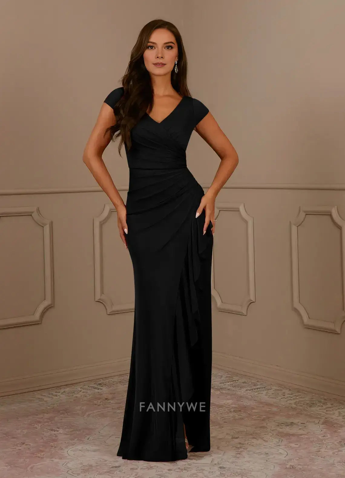 Elegant Plus size V-Neck Cap Sleeve Ruched Ruffled Side Slit Mermaid Maxi Dress Mother of the Bride Dress