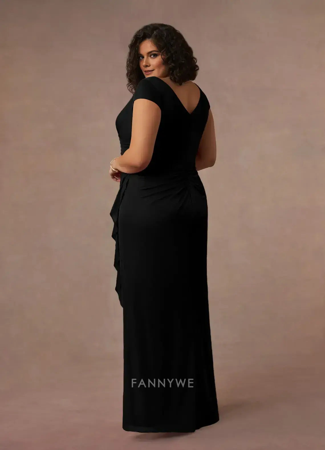 Elegant Plus size V-Neck Cap Sleeve Ruched Ruffled Side Slit Mermaid Maxi Dress Mother of the Bride Dress