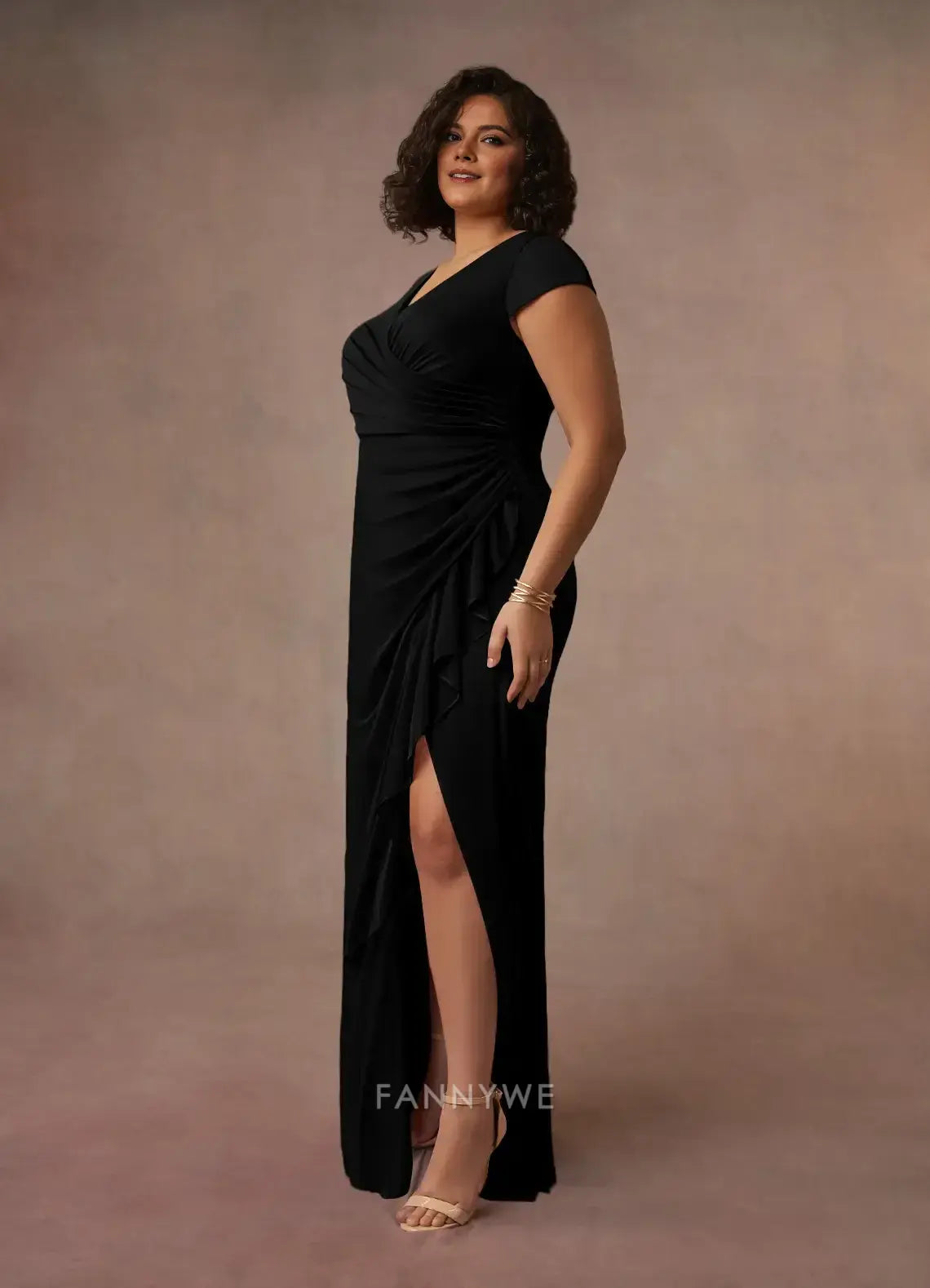 Elegant Plus size V-Neck Cap Sleeve Ruched Ruffled Side Slit Mermaid Maxi Dress Mother of the Bride Dress