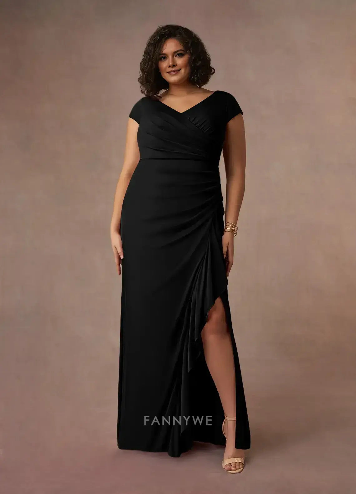 Elegant Plus size V-Neck Cap Sleeve Ruched Ruffled Side Slit Mermaid Maxi Dress Mother of the Bride Dress