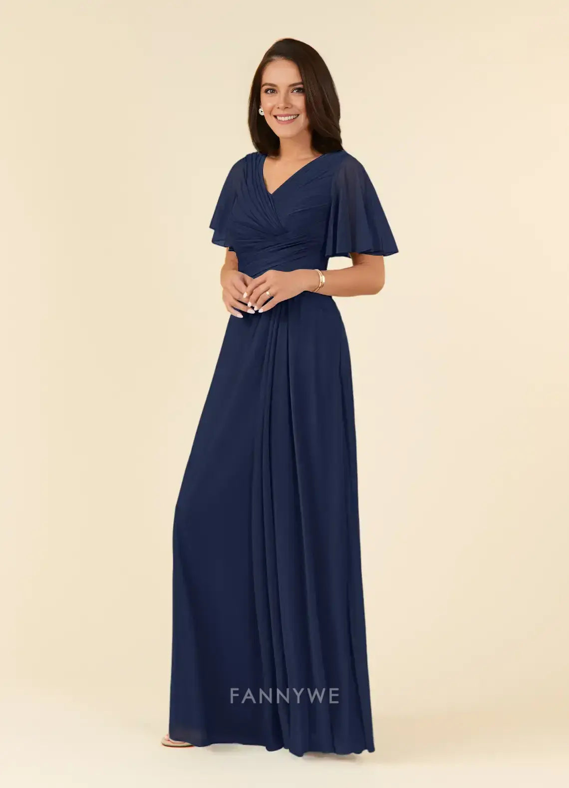 Elegant Plus size V-Neck Ruffled Sleeve Chiffon Maxi Dress with Ruched Detail Mother of the Bride Dress