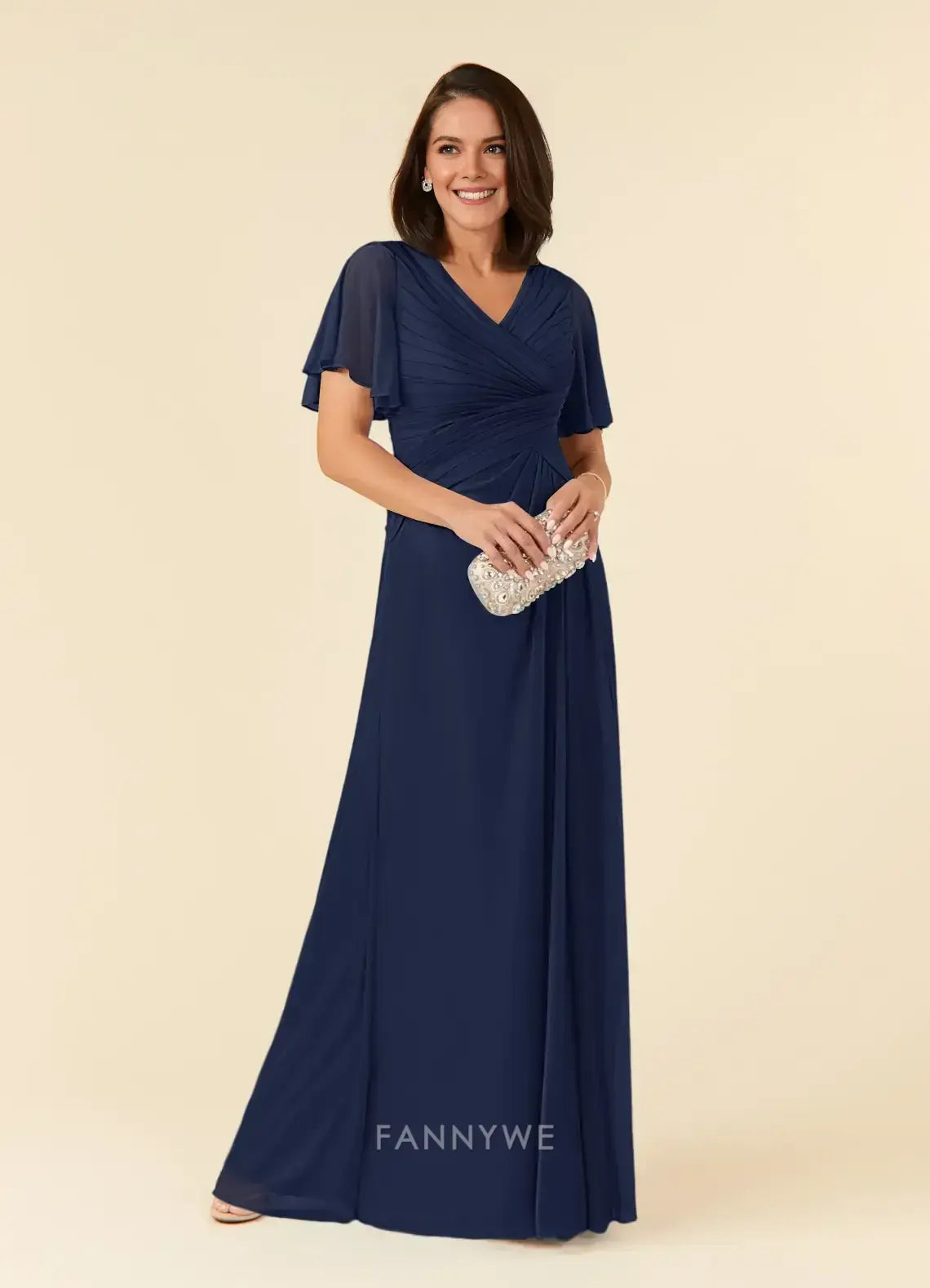 Elegant Plus size V-Neck Ruffled Sleeve Chiffon Maxi Dress with Ruched Detail Mother of the Bride Dress