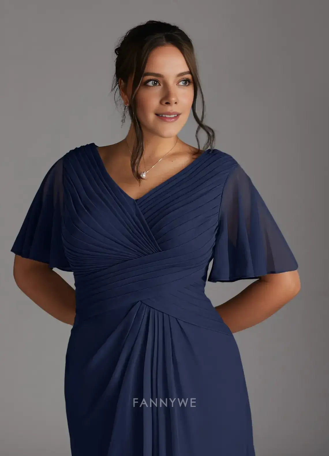 Elegant Plus size V-Neck Ruffled Sleeve Chiffon Maxi Dress with Ruched Detail Mother of the Bride Dress