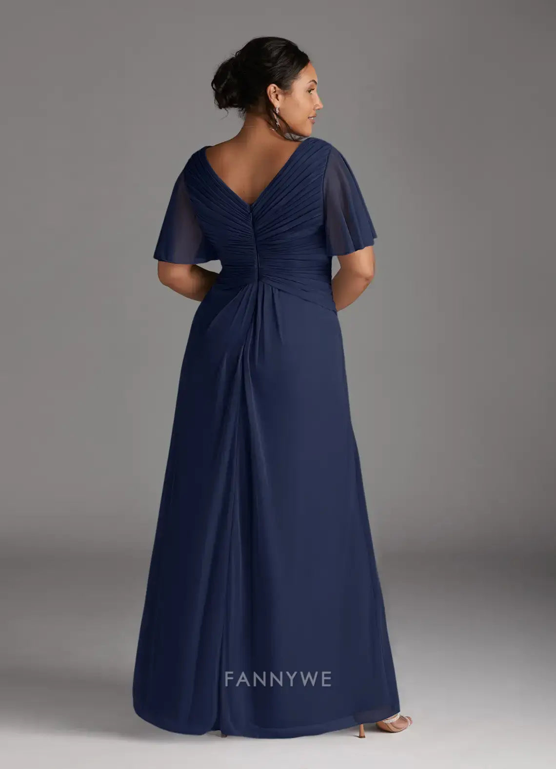 Elegant Plus size V-Neck Ruffled Sleeve Chiffon Maxi Dress with Ruched Detail Mother of the Bride Dress