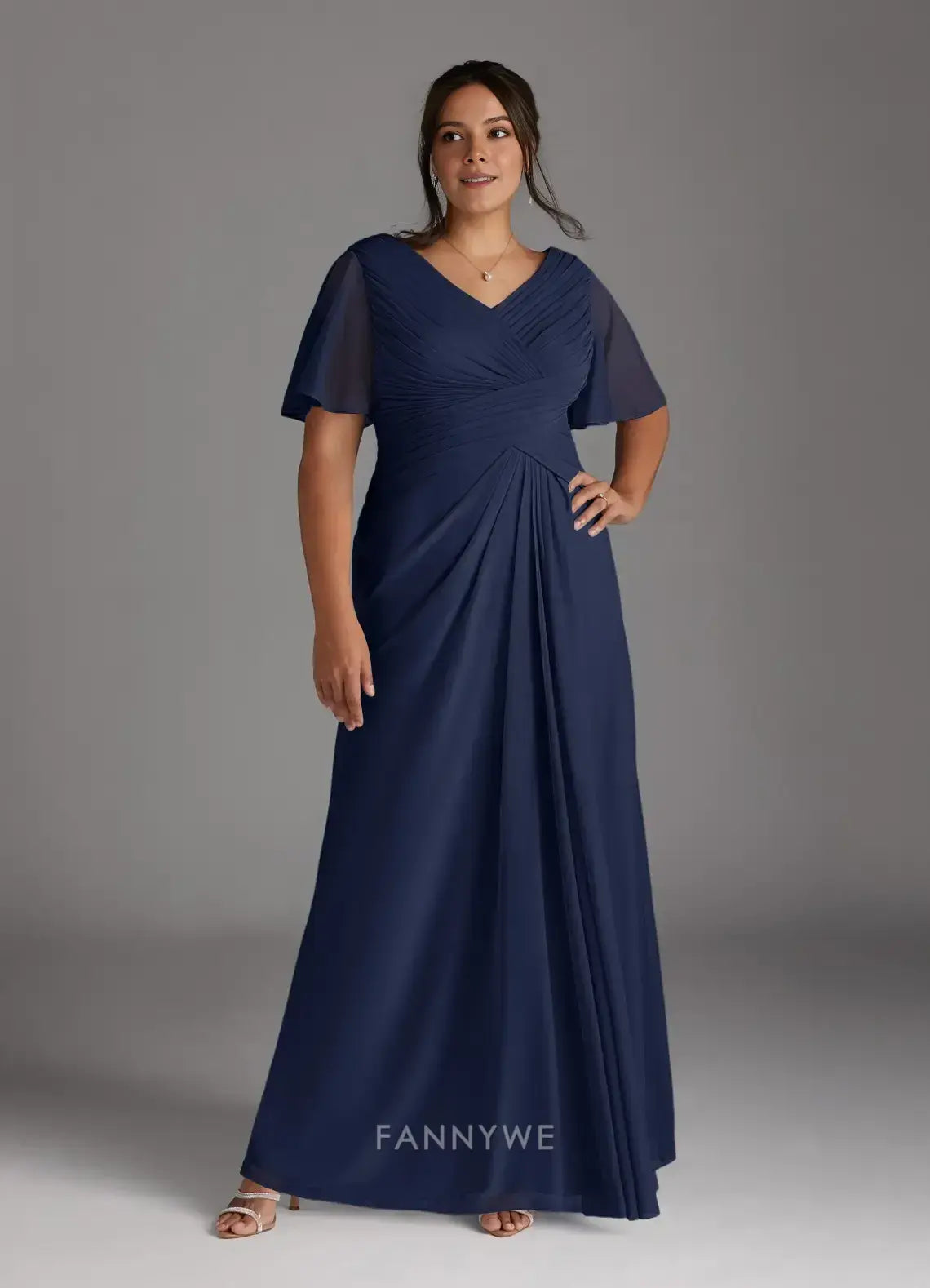Elegant Plus size V-Neck Ruffled Sleeve Chiffon Maxi Dress with Ruched Detail Mother of the Bride Dress