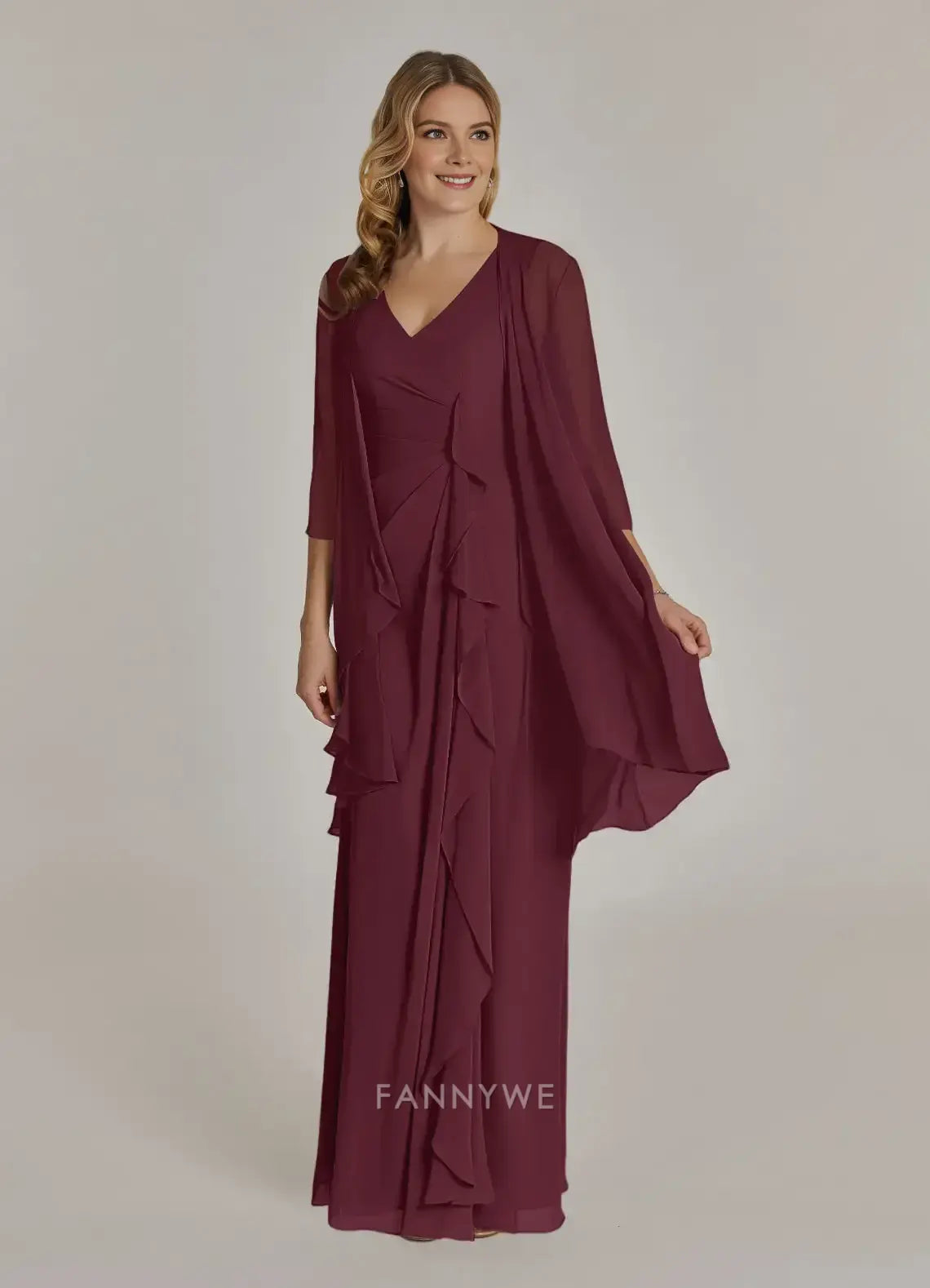 Elegant Plus size V-Neck Three-Quarter Sleeve Chiffon Maxi Dress with Ruffled Overlay Mother of the Bride Dress