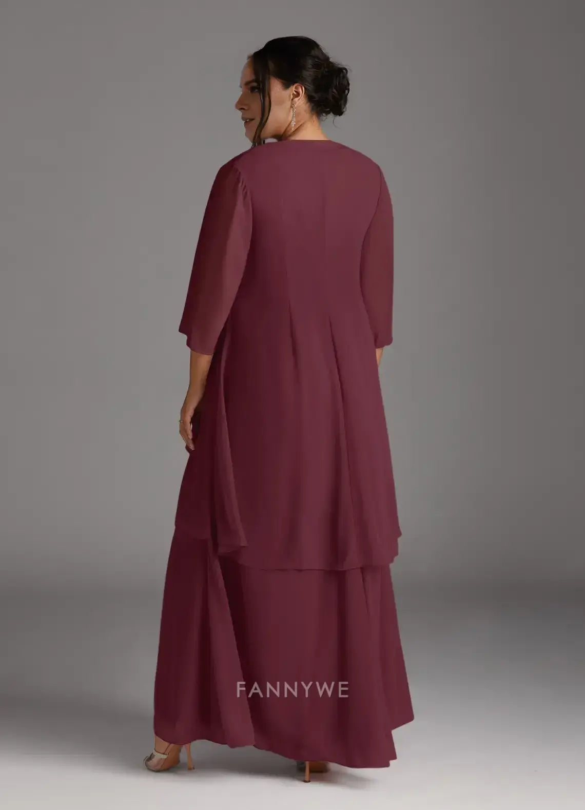 Elegant Plus size V-Neck Three-Quarter Sleeve Chiffon Maxi Dress with Ruffled Overlay Mother of the Bride Dress