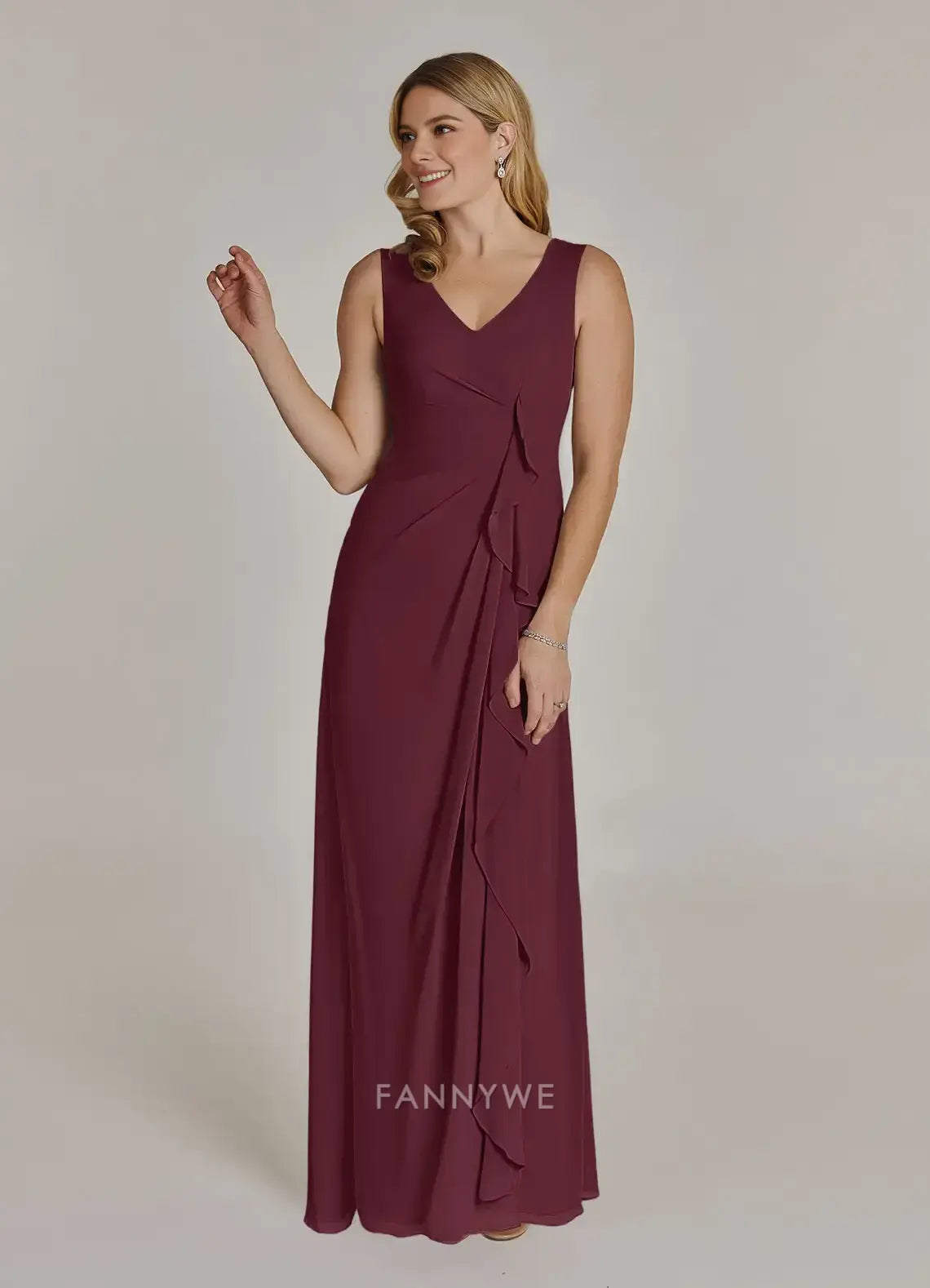 Elegant Plus size V-Neck Three-Quarter Sleeve Chiffon Maxi Dress with Ruffled Overlay Mother of the Bride Dress