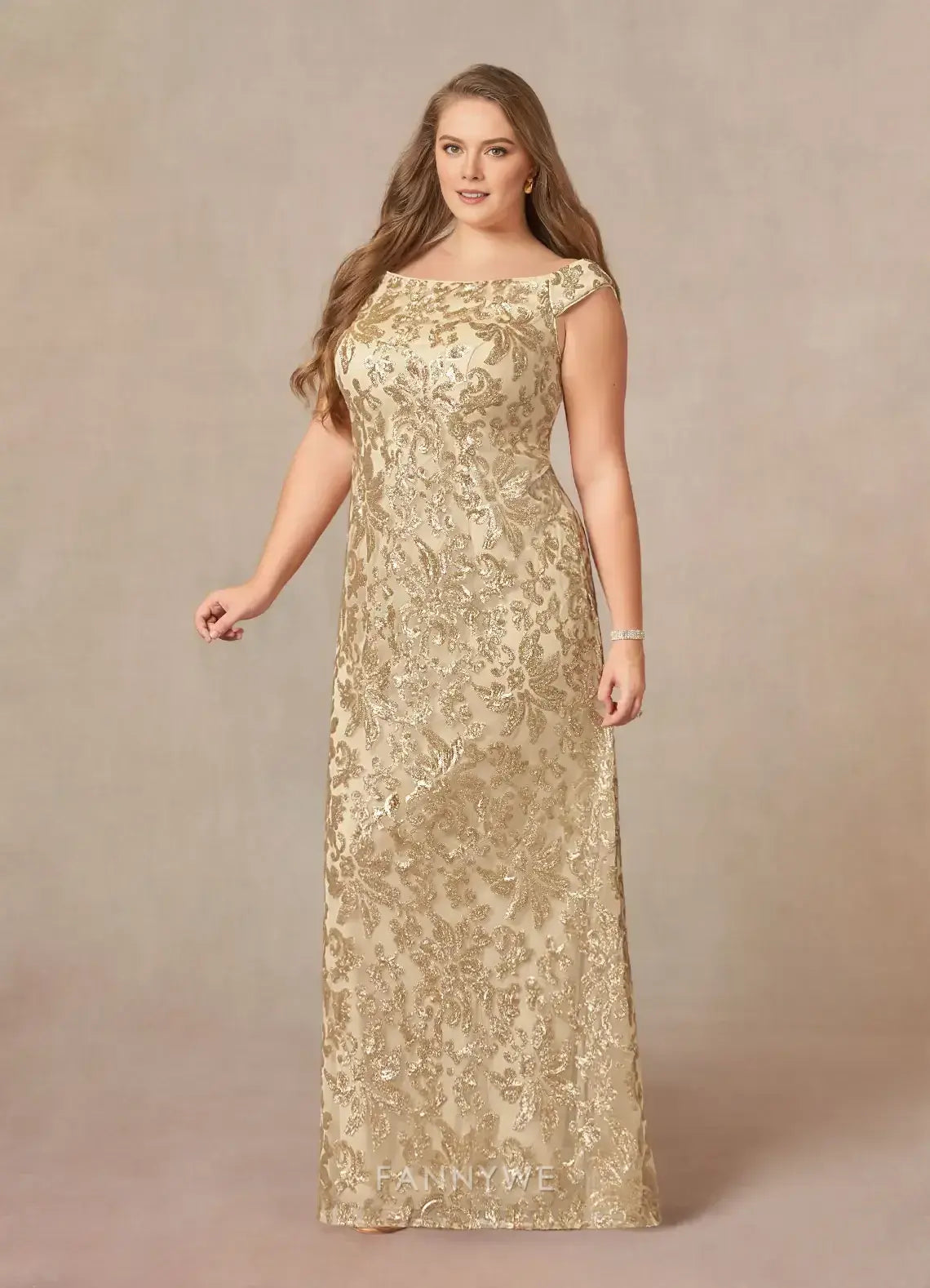 Elegant Plus size Women's A-Line Off - Shoulder Floral Lace Sequin Maxi Dress Mother of the Bride Dress