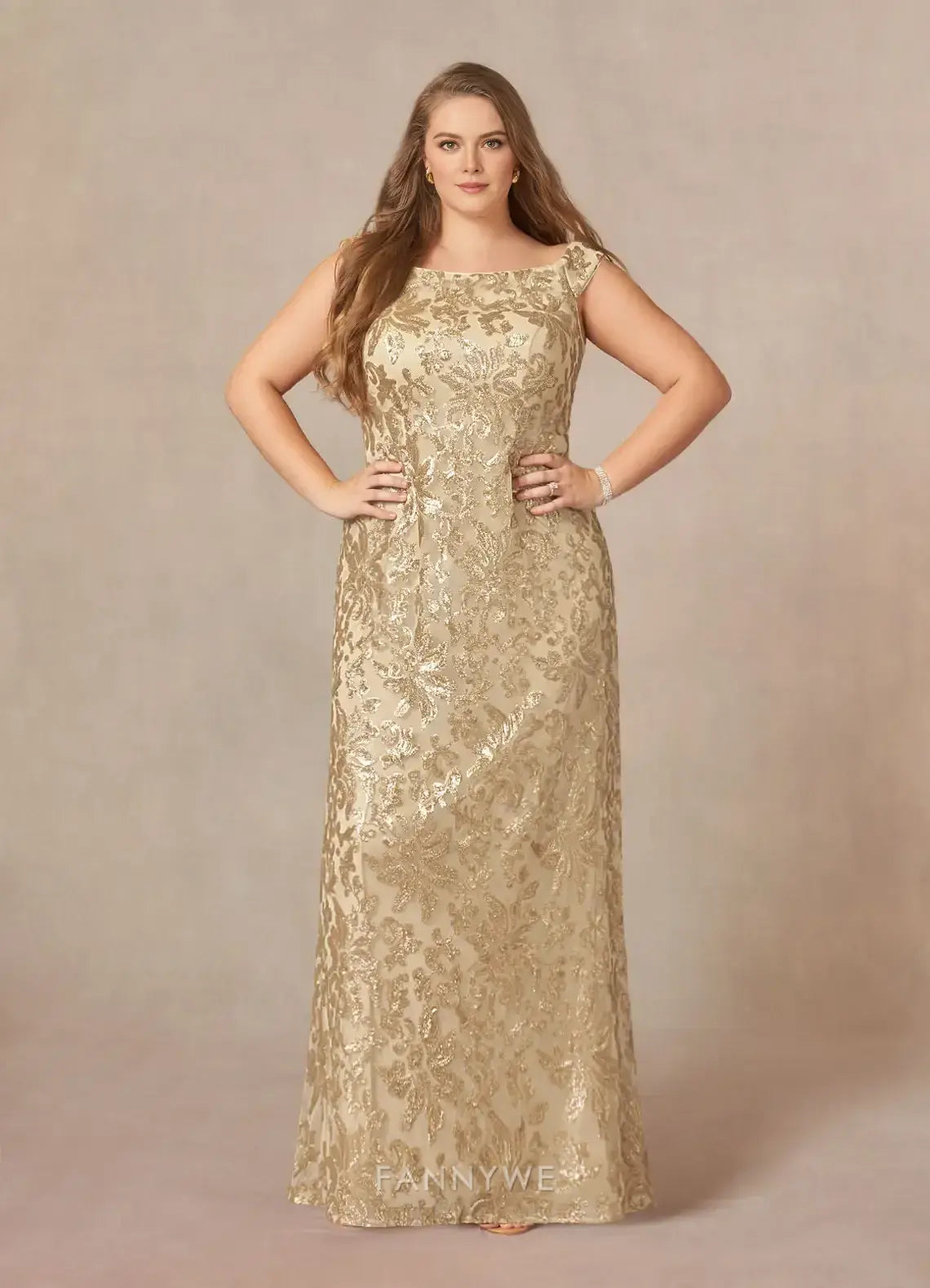 Elegant Plus size Women's A-Line Off - Shoulder Floral Lace Sequin Maxi Dress Mother of the Bride Dress