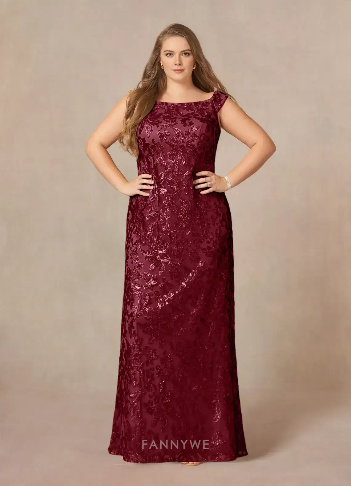 Elegant Plus size Women's A-Line Off - Shoulder Floral Lace Sequin Maxi Dress Mother of the Bride Dress