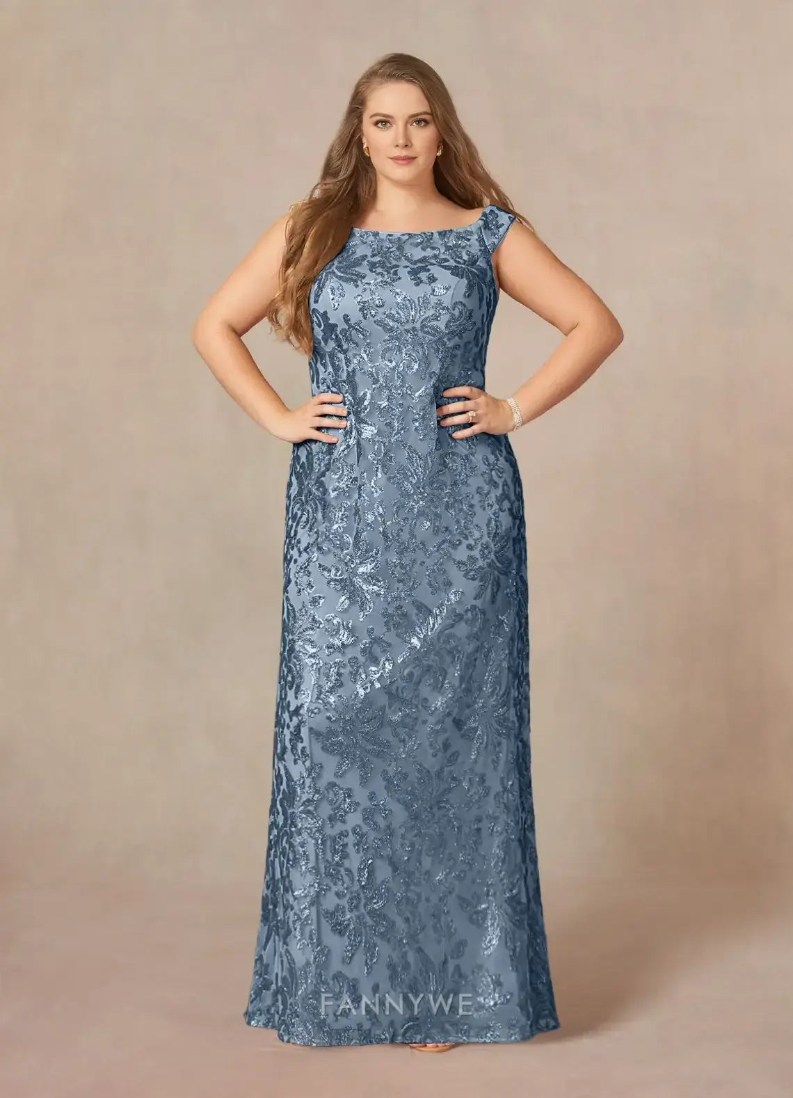 Elegant Plus size Women's A-Line Off - Shoulder Floral Lace Sequin Maxi Dress Mother of the Bride Dress