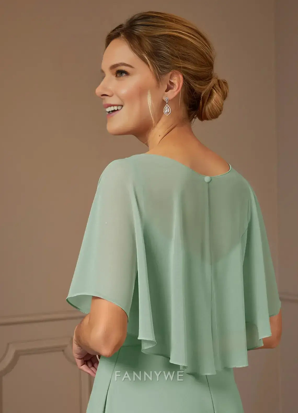 Elegant Round Neck Cape Sleeve Tiered Chiffon Maxi Dress Mother of the Bride Dress