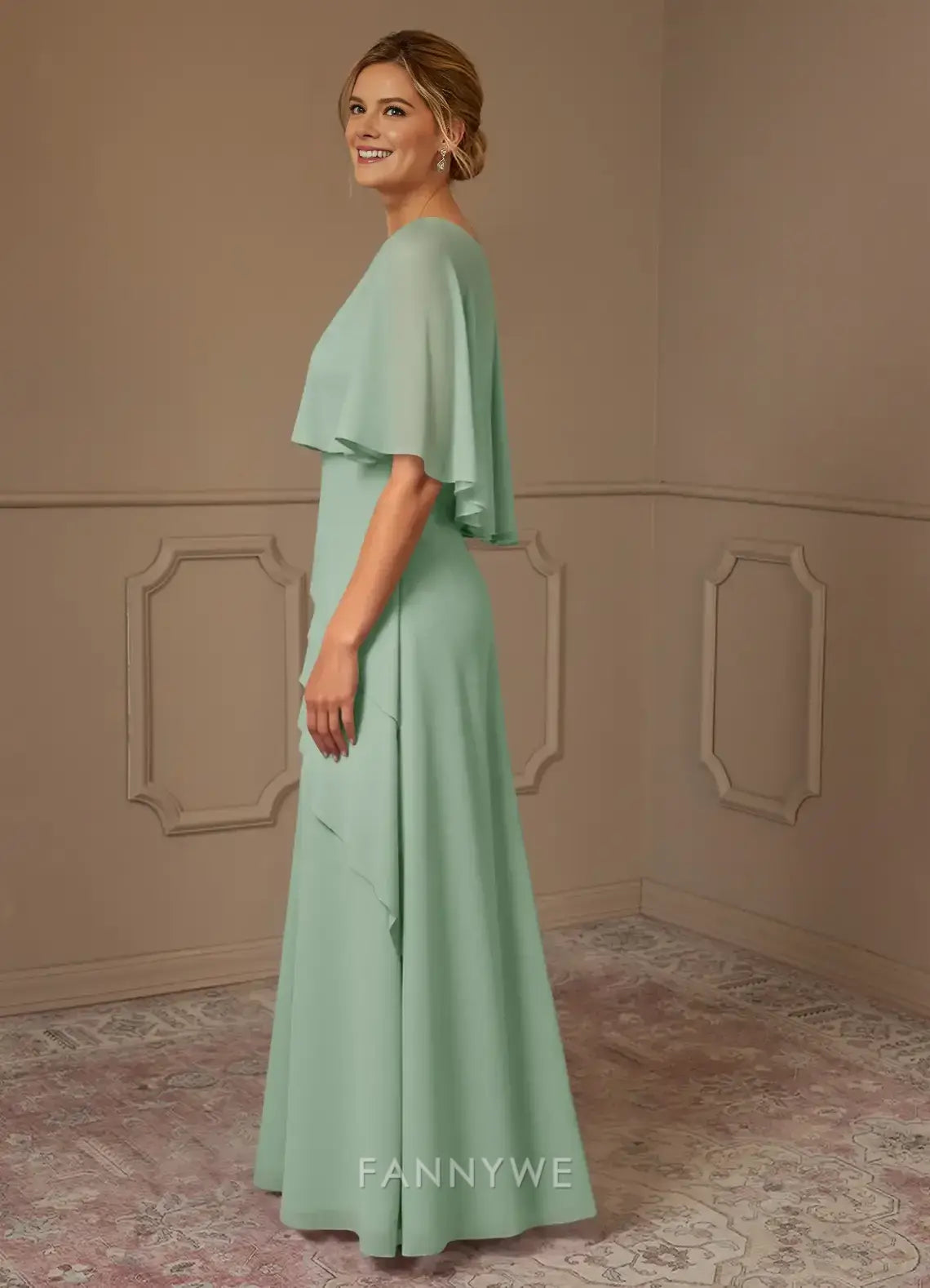 Elegant Round Neck Cape Sleeve Tiered Chiffon Maxi Dress Mother of the Bride Dress