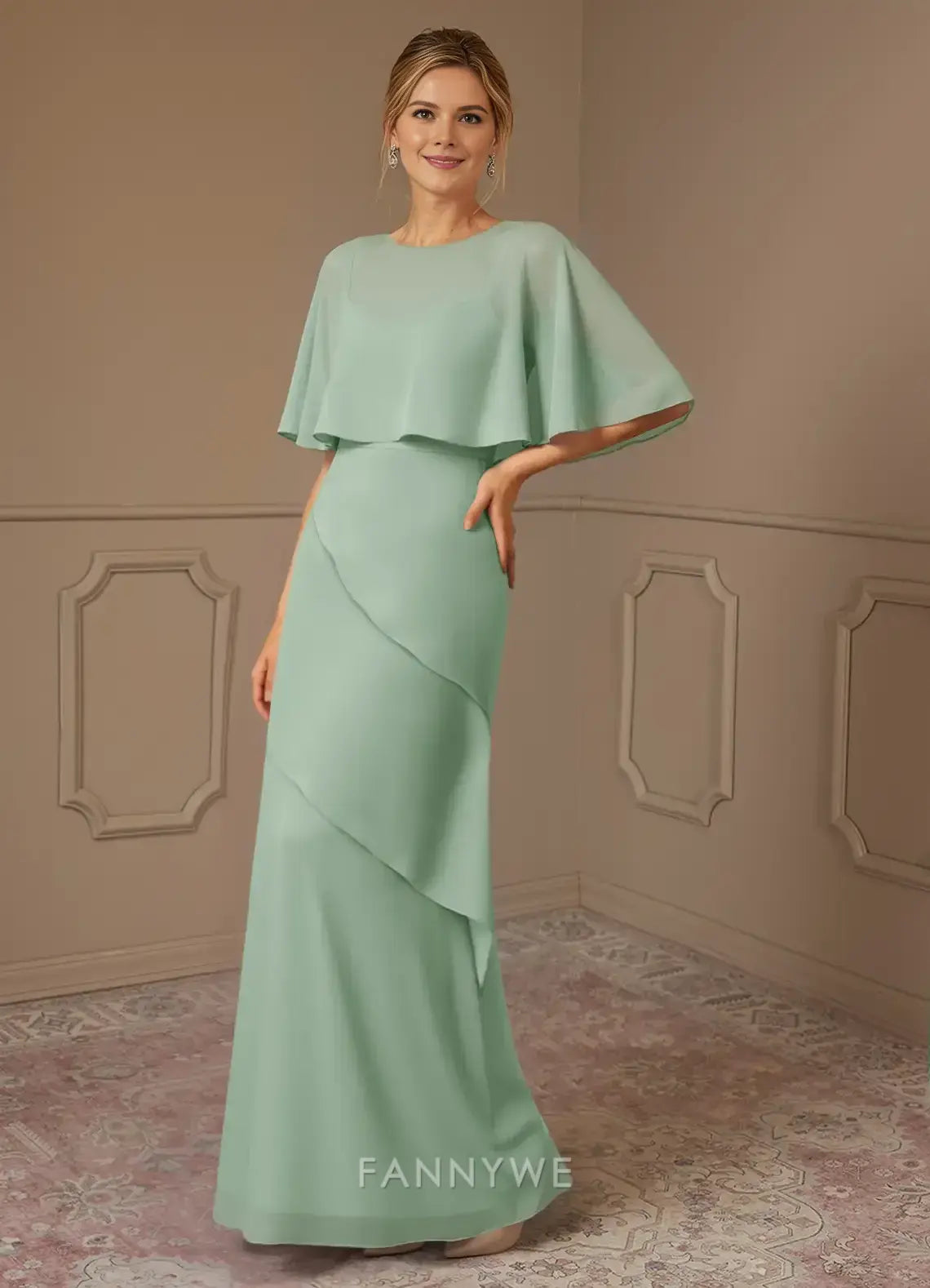 Elegant Round Neck Cape Sleeve Tiered Chiffon Maxi Dress Mother of the Bride Dress