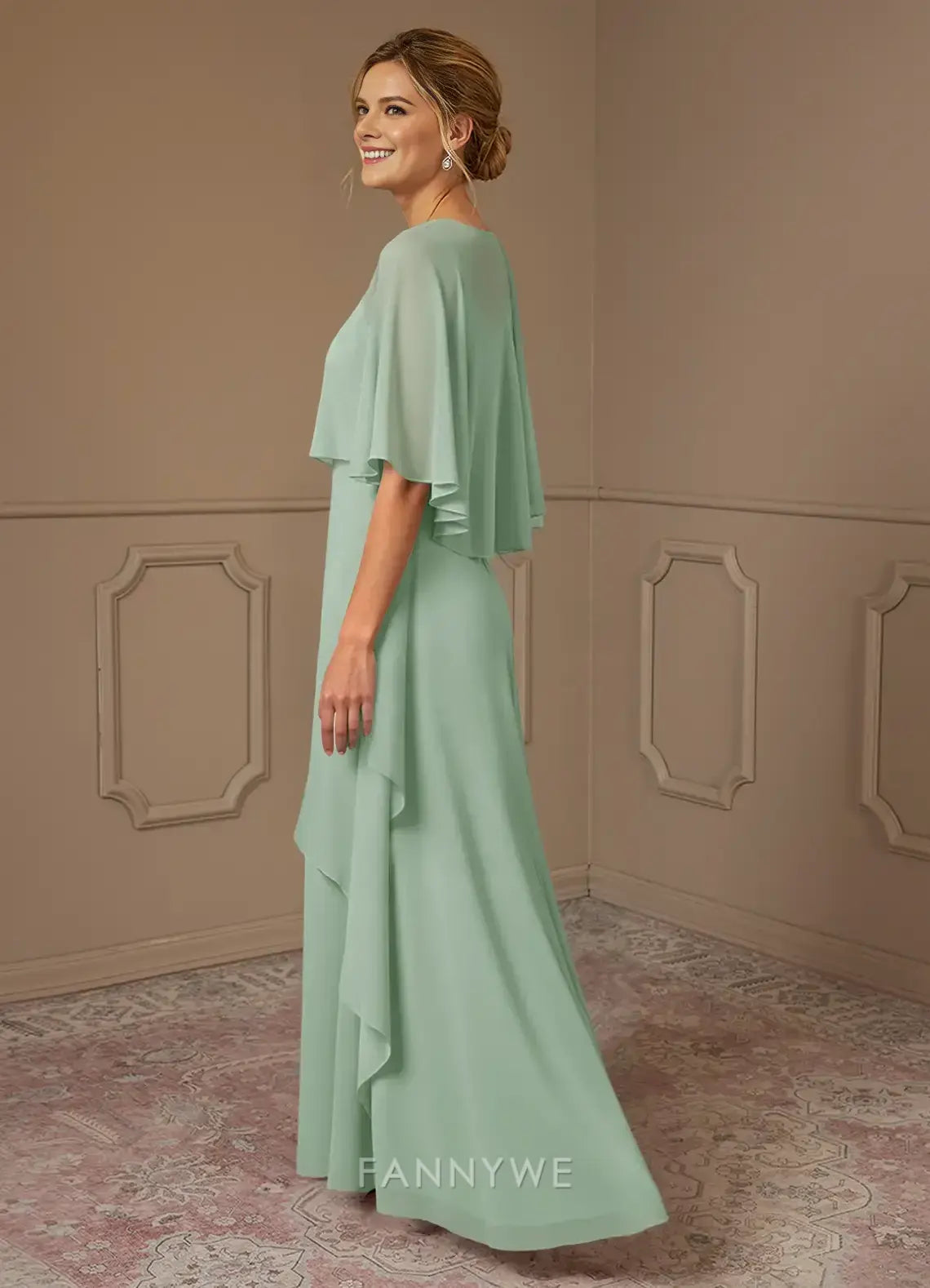 Elegant Round Neck Cape Sleeve Tiered Chiffon Maxi Dress Mother of the Bride Dress