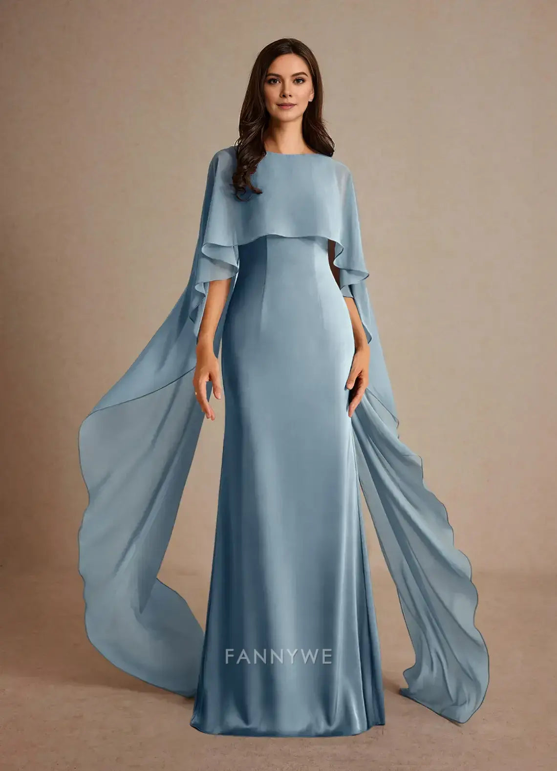 Elegant Round Neck Flowing Cape Sleeve Satin Mermaid Maxi Dress Mother of the Bride Dress