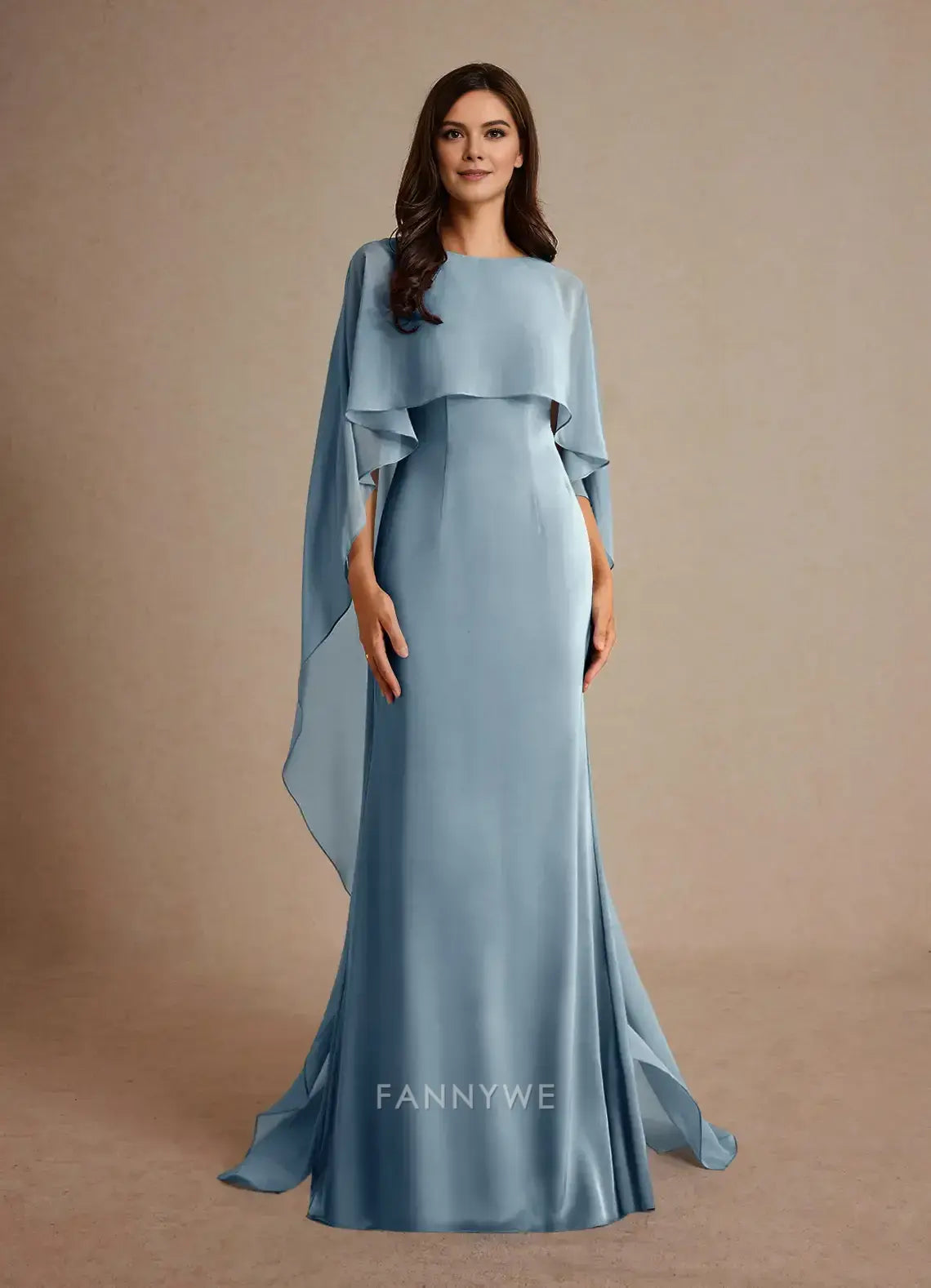 Elegant Round Neck Flowing Cape Sleeve Satin Mermaid Maxi Dress Mother of the Bride Dress