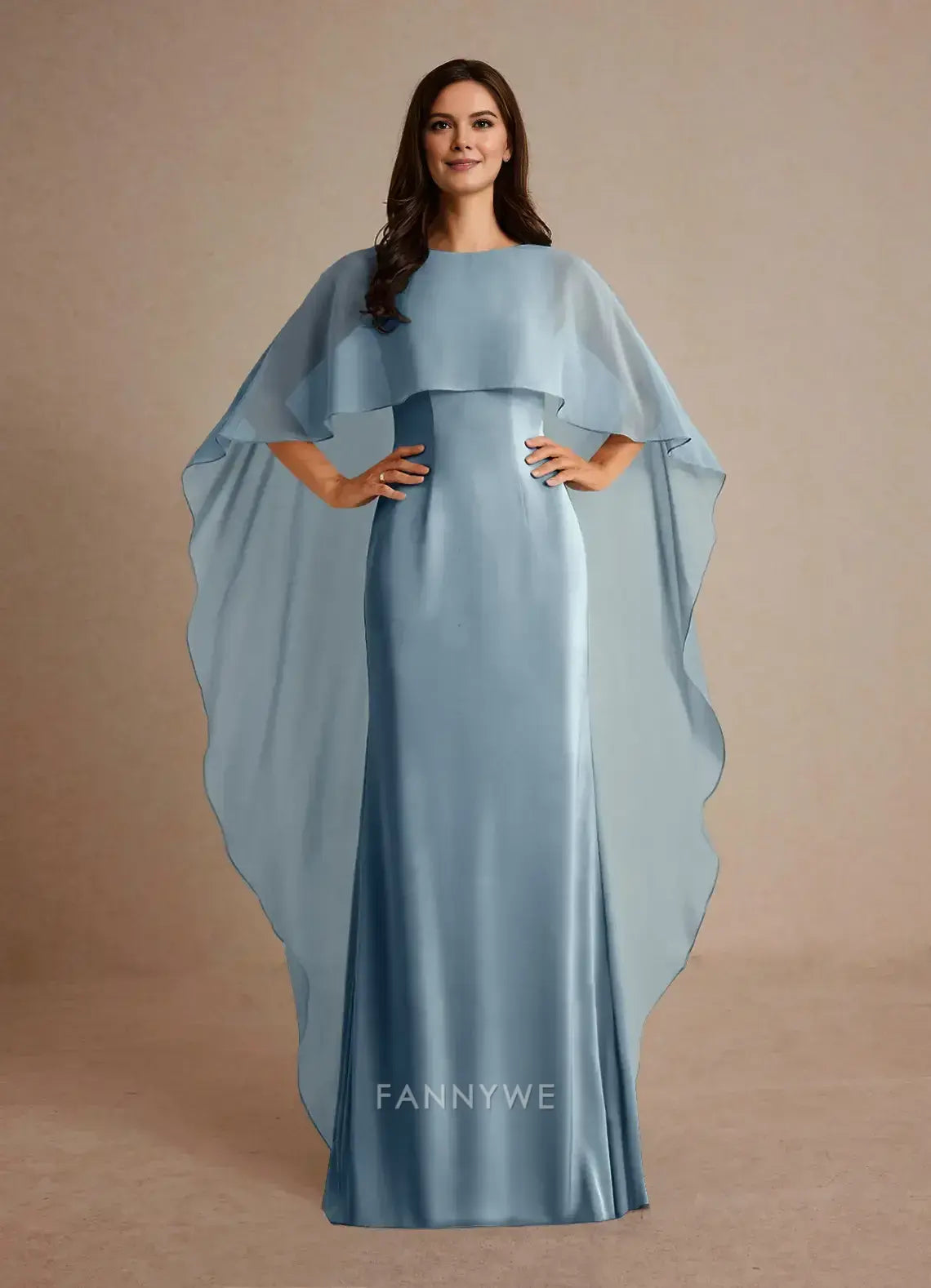 Elegant Round Neck Flowing Cape Sleeve Satin Mermaid Maxi Dress Mother of the Bride Dress