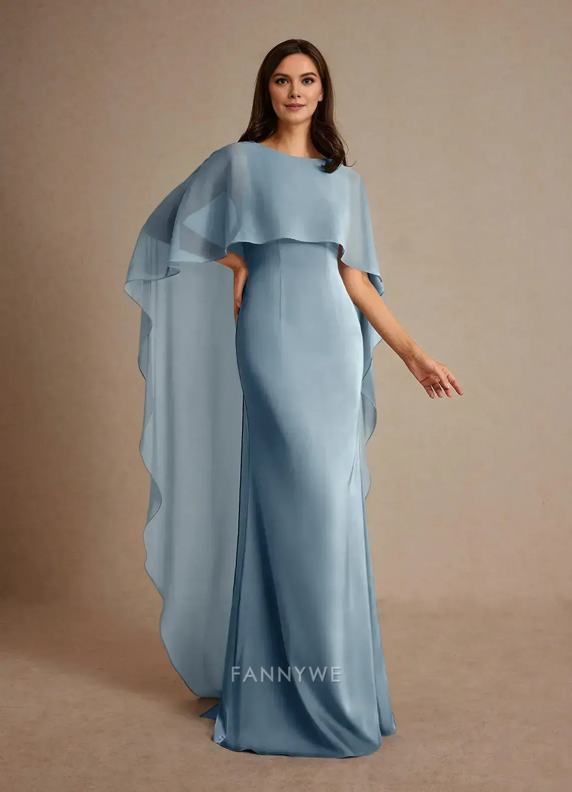 Elegant Round Neck Flowing Cape Sleeve Satin Mermaid Maxi Dress Mother of the Bride Dress