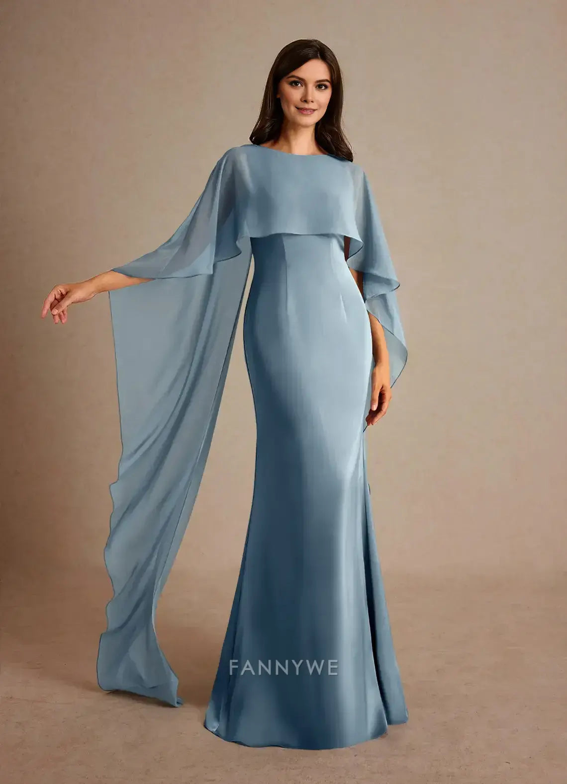 Elegant Round Neck Flowing Cape Sleeve Satin Mermaid Maxi Dress Mother of the Bride Dress