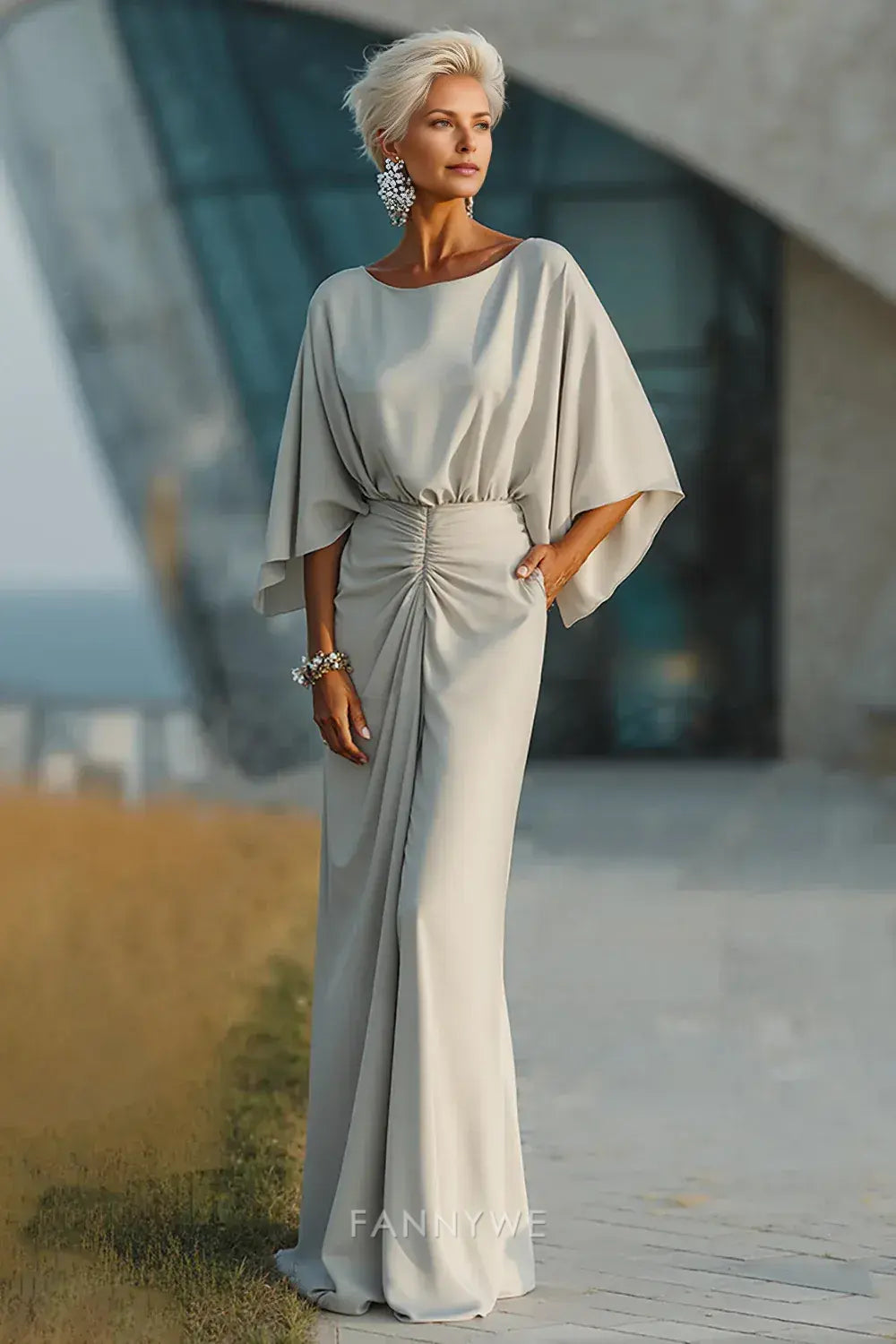 Elegant Sheath/Column Boat Neck Batwing Sleeve Ruched Maxi Dress Mother of the Bride Dress