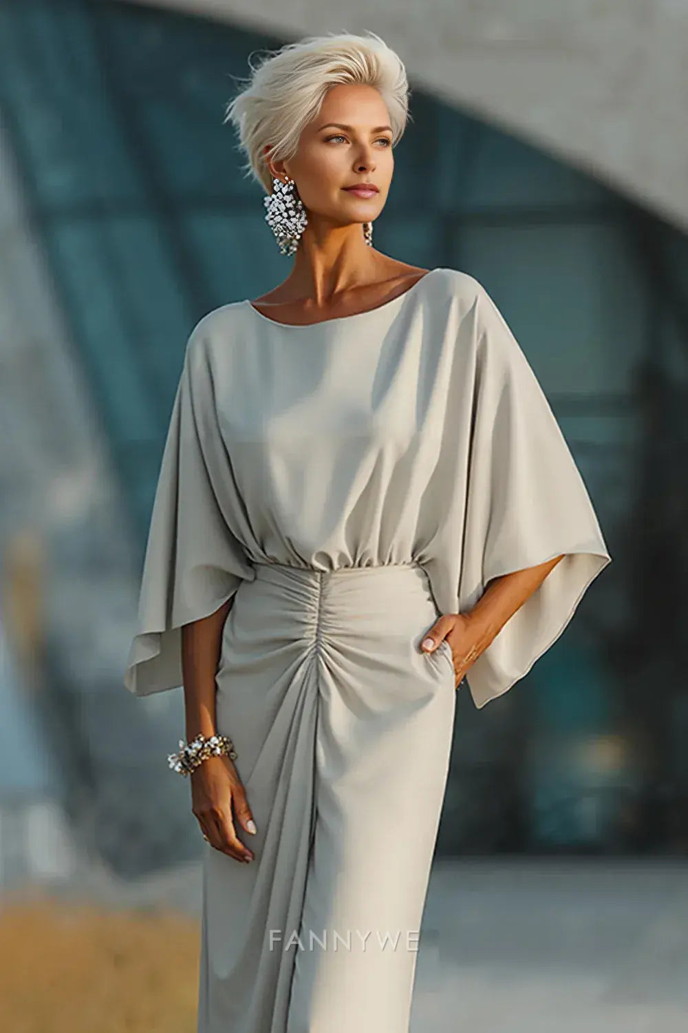 Elegant Sheath/Column Boat Neck Batwing Sleeve Ruched Maxi Dress Mother of the Bride Dress