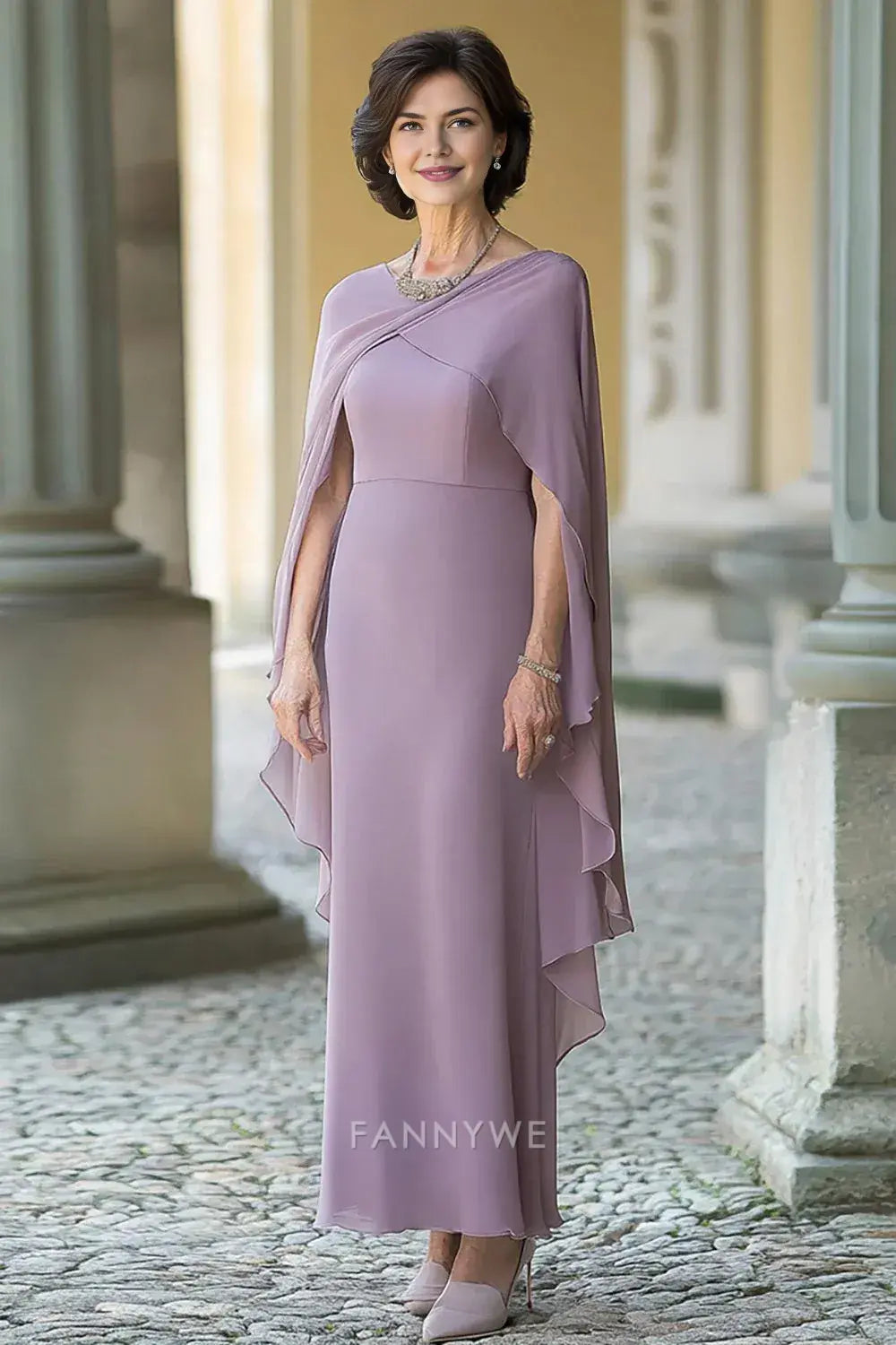 Elegant Sheath/Column Chiffon Maxi Dress with Cape Sleeves Ankle-Length Mother of the Bride Dress