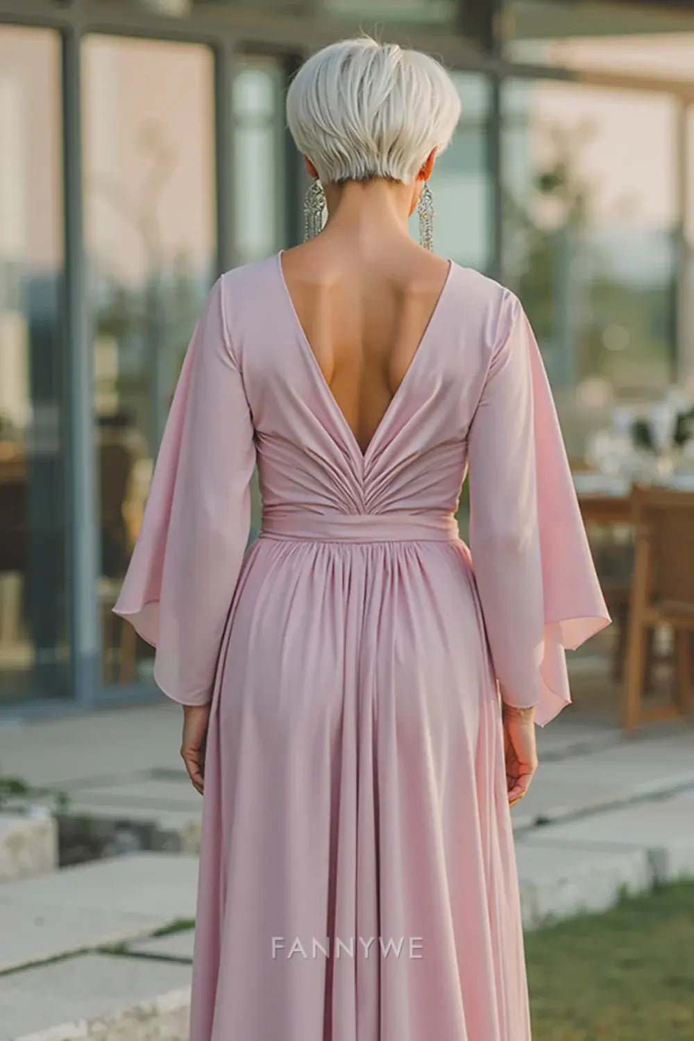 Elegant Sheath/Column Deep V - Neck Flared Sleeve Maxi Dress with Open Back Mother of the Bride Dress