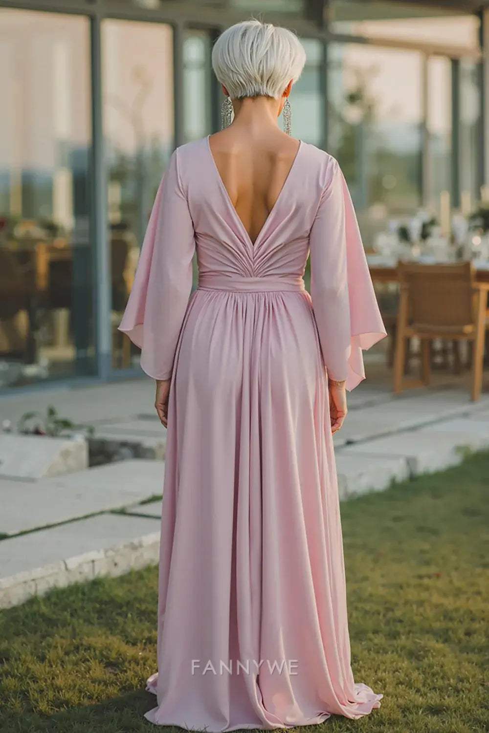Elegant Sheath/Column Deep V - Neck Flared Sleeve Maxi Dress with Open Back Mother of the Bride Dress