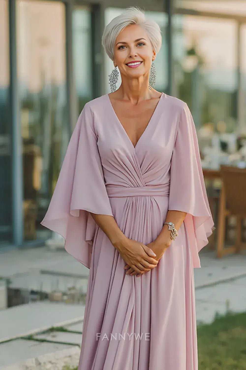 Elegant Sheath/Column Deep V - Neck Flared Sleeve Maxi Dress with Open Back Mother of the Bride Dress