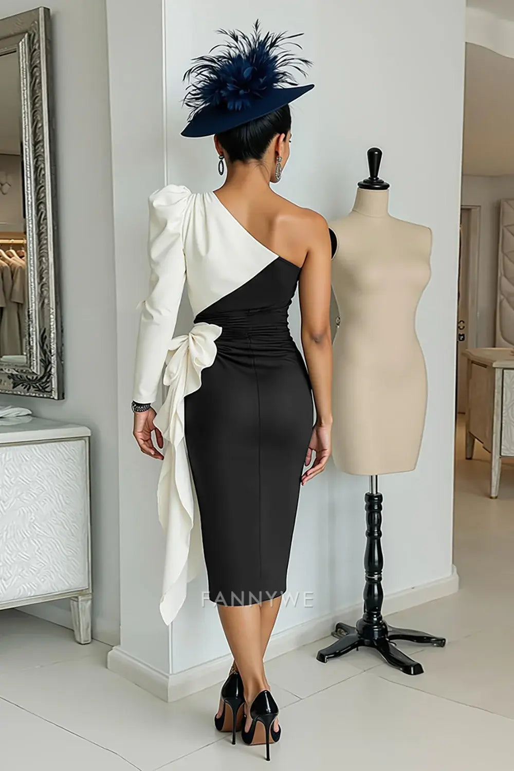 Elegant Sheath/Column One - Shoulder Color - Block Midi Dress with Bow Detail Mother of the Bride Dress