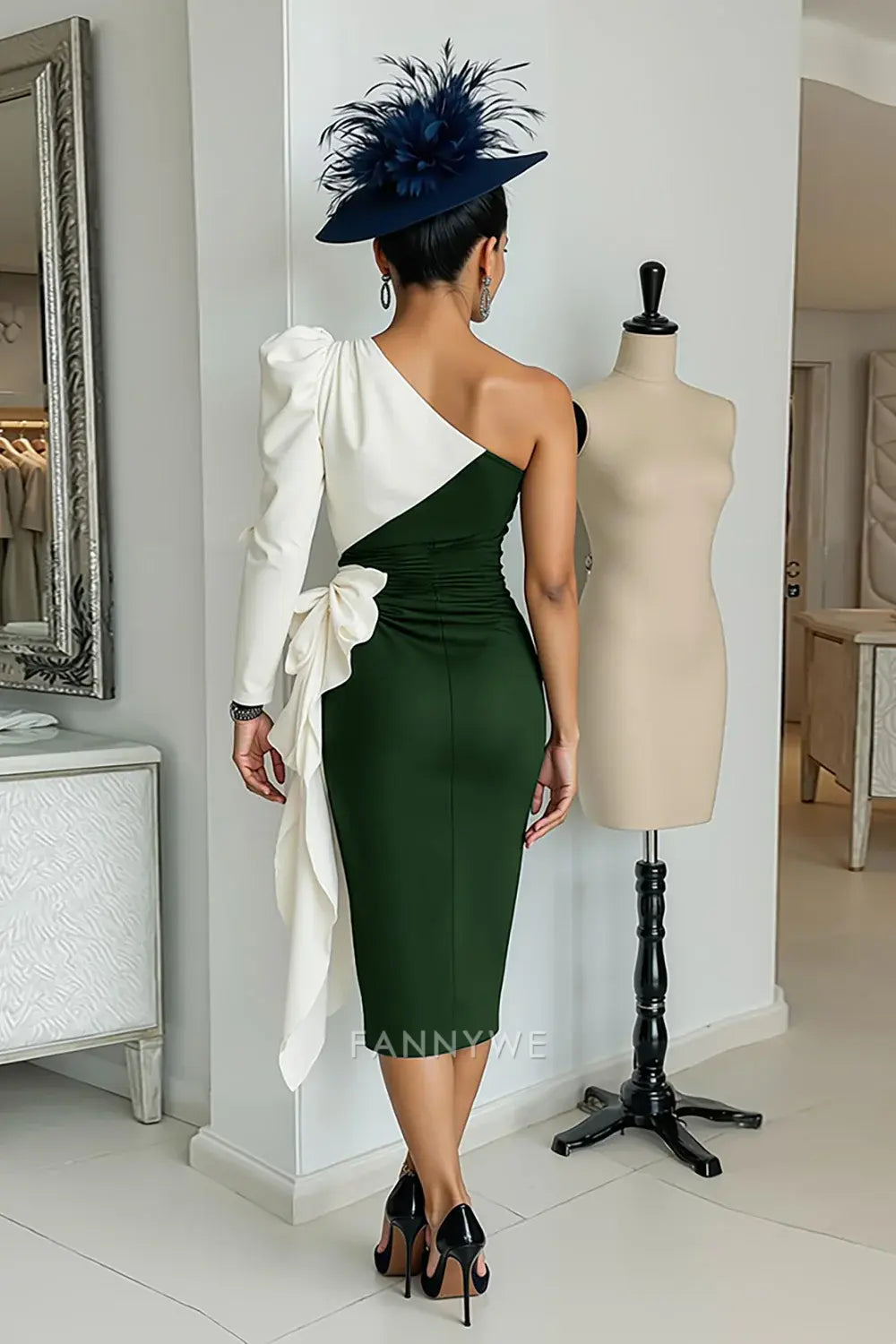 Elegant Sheath/Column One - Shoulder Color - Block Midi Dress with Bow Detail Mother of the Bride Dress