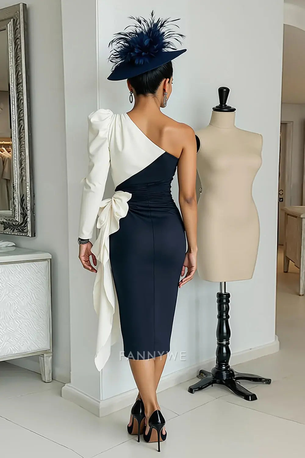 Elegant Sheath/Column One - Shoulder Color - Block Midi Dress with Bow Detail Mother of the Bride Dress