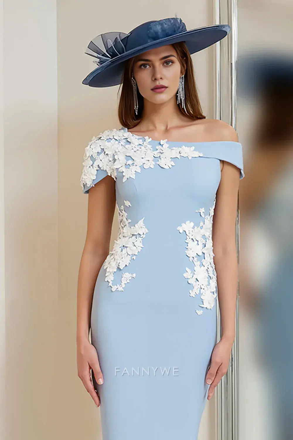 Elegant Sheath/Column One - Shoulder Floral Applique Midi Dress Mother of the Bride Dress