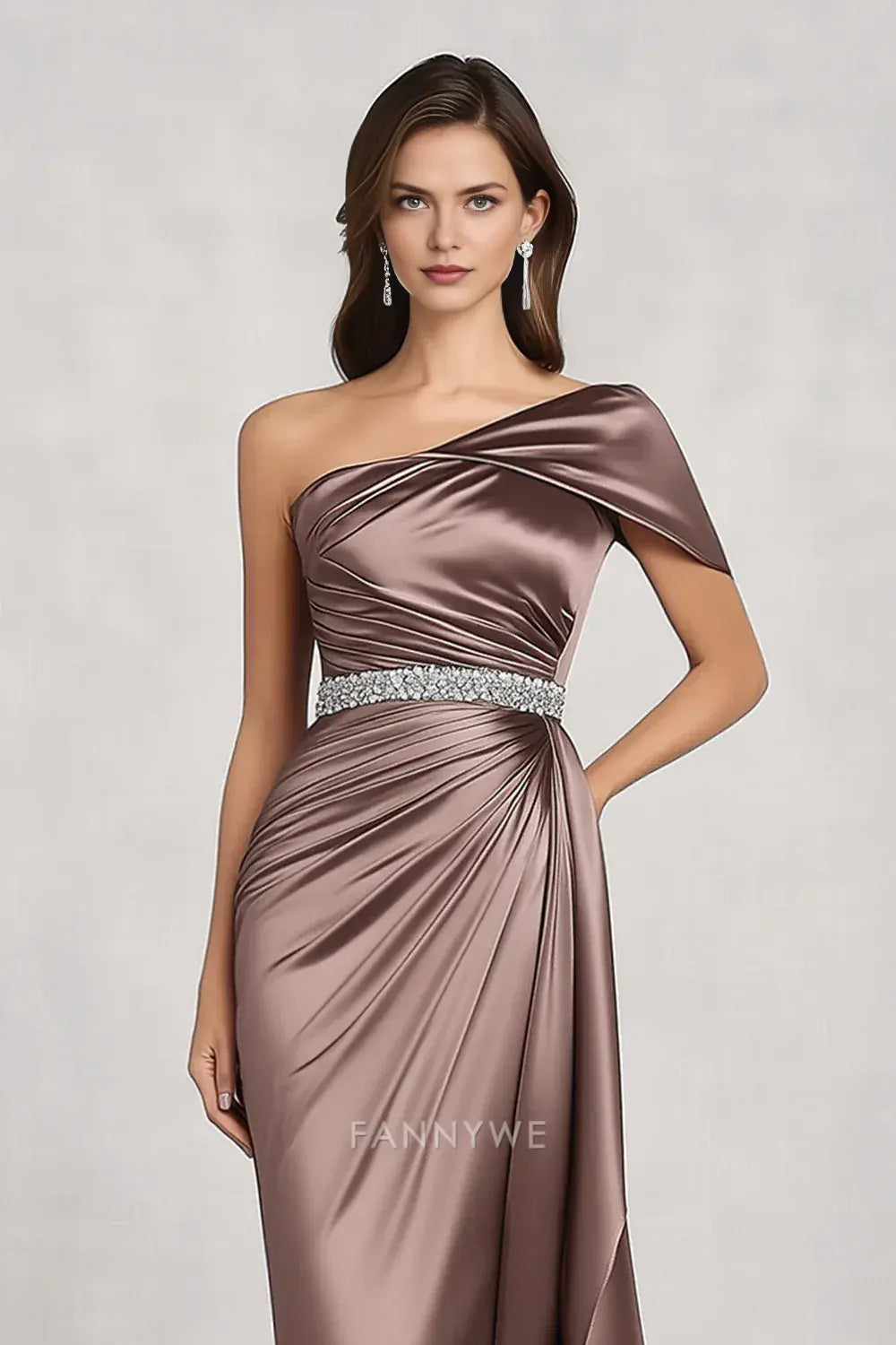 Elegant Sheath/Column One - Shoulder Satin Maxi Dress with Embellished Belt Mother of the Bride Dress