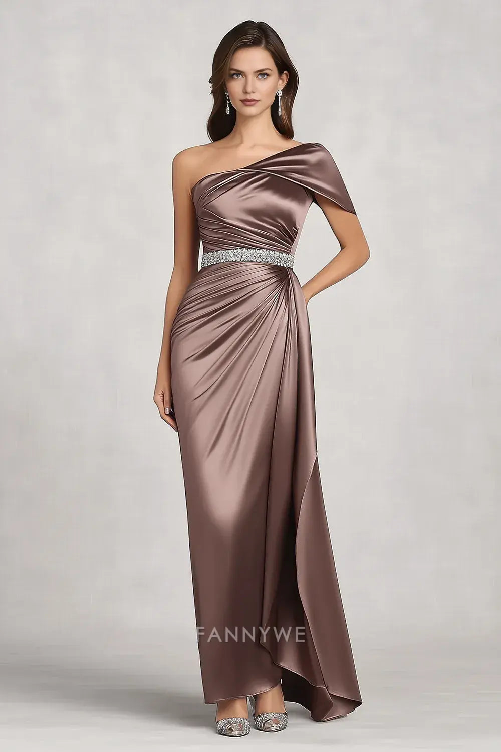 Elegant Sheath/Column One - Shoulder Satin Maxi Dress with Embellished Belt Mother of the Bride Dress