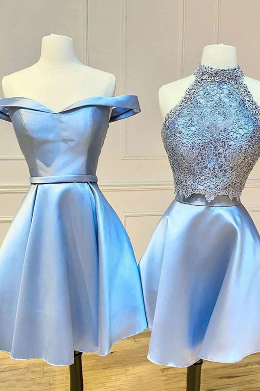 Elegante vestido de fiesta de satén azul cielo con corte en A