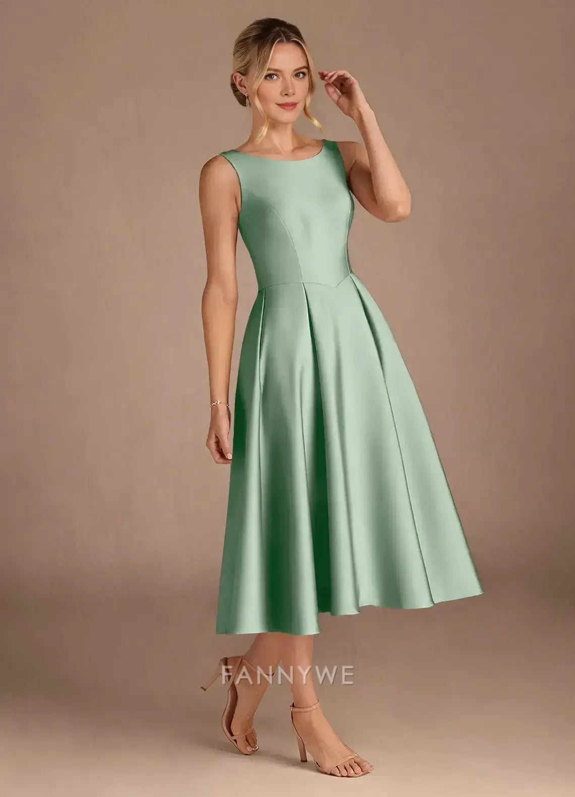 Elegant Sleeveless Boat Neck Satin A-Line Midi Dress with V-Back Mother of the Bride Dress