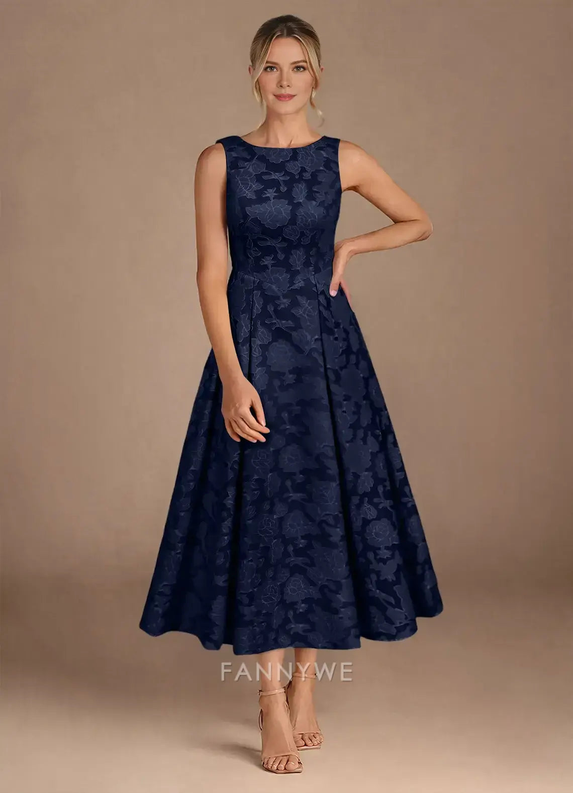 Elegant Sleeveless Floral Jacquard A-Line Midi Dress Mother of the Bride Dress